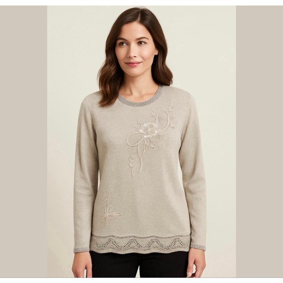 Gizel Vintage Opalescent Embroidered Tunic Sweater Beige Sz M/L - NOT_NWT - Picture 1 of 13